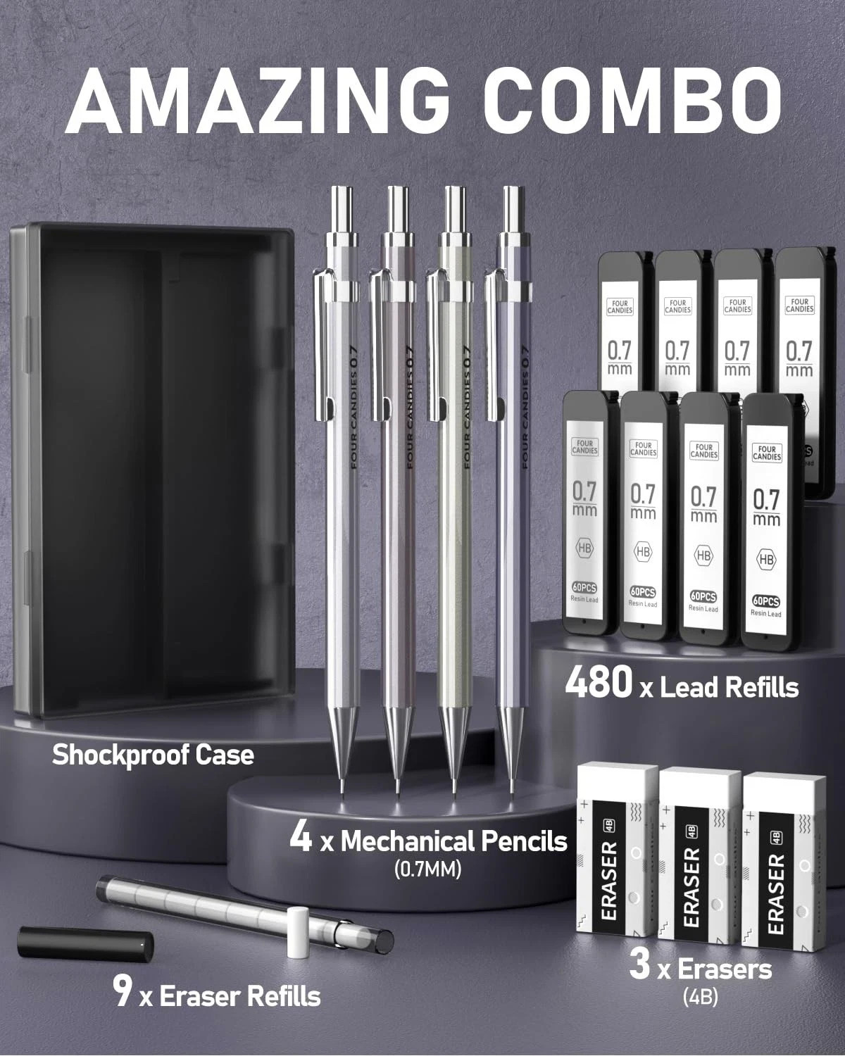 Four Candies 0.7mm Mechanical Pencil Set with Case – 4PCS Metal Mechanical