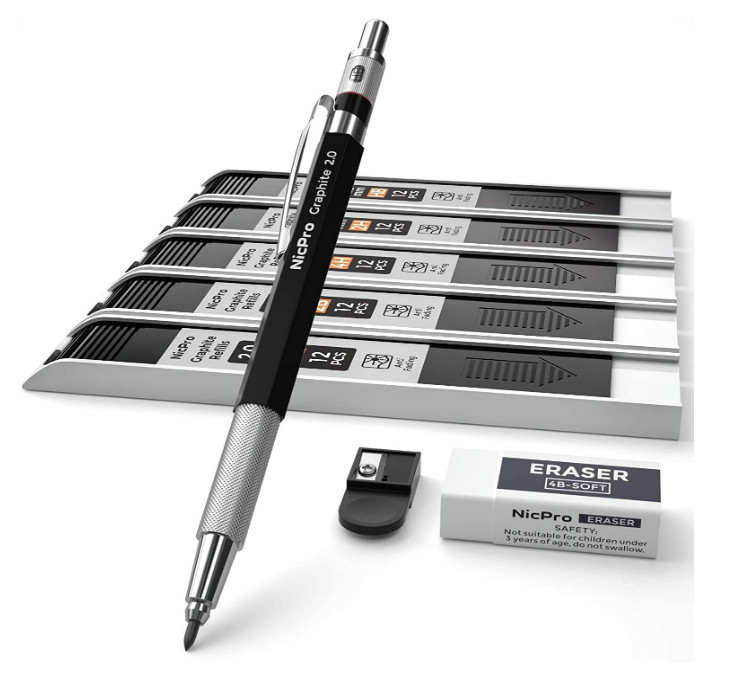 Nicpro 2.0 mm Mechanical Pencil Set Metal Lead Holder 5 Tube Graphite Refill HB