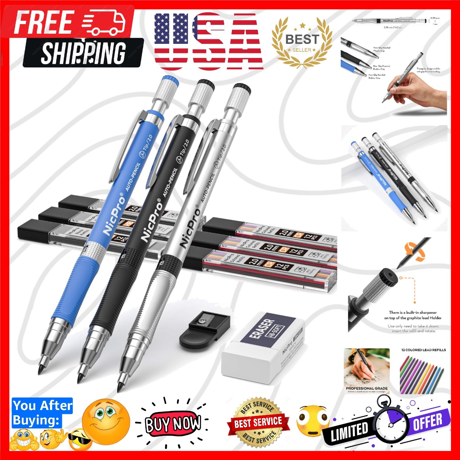 11 Pieces Colors 2mm Mechanical Pencil Set, 3 PCS Carpenter Drafting Pencil 2…