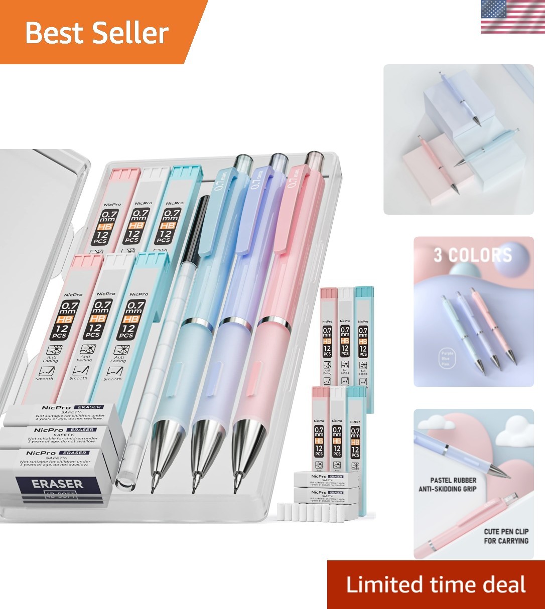3PCS Cute Mechanical Pencil Set with Case, 0.7 mm Pencils with 6 Tube HB Lead…