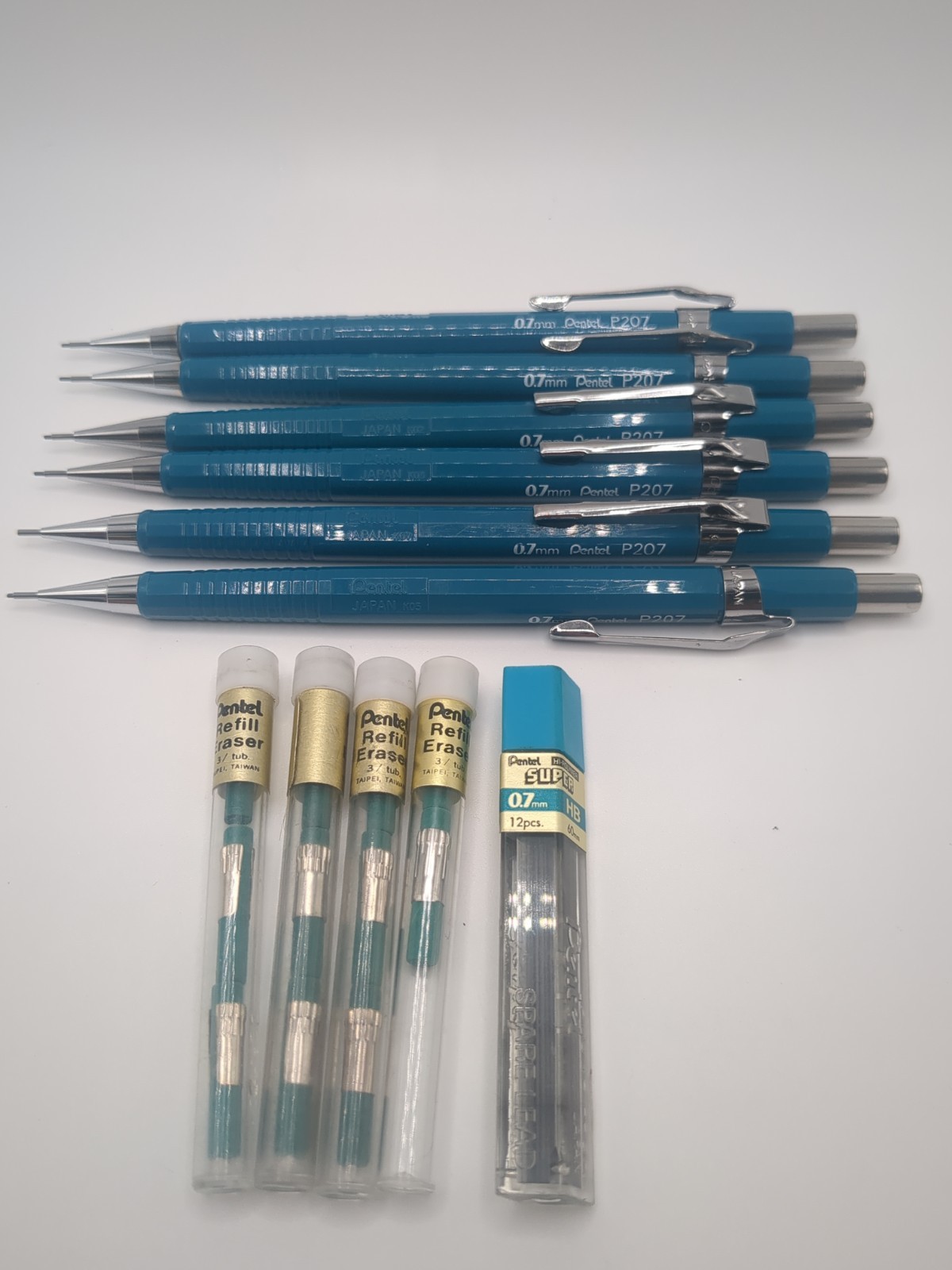 PENTEL Mechanical Drafting Pencil 0.7 mm P207 Lot Of 6 Plus Erasers & Extra Lead