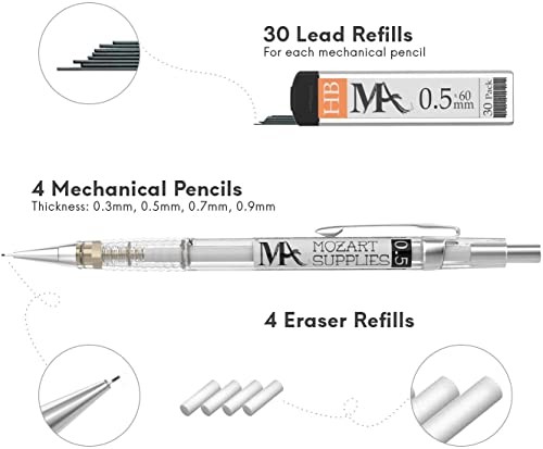 MozArt Mechanical Pencil Set – 4 Sizes: 0.3, 0.5, 0.7 & 0.9 mm, 30 HB Lead