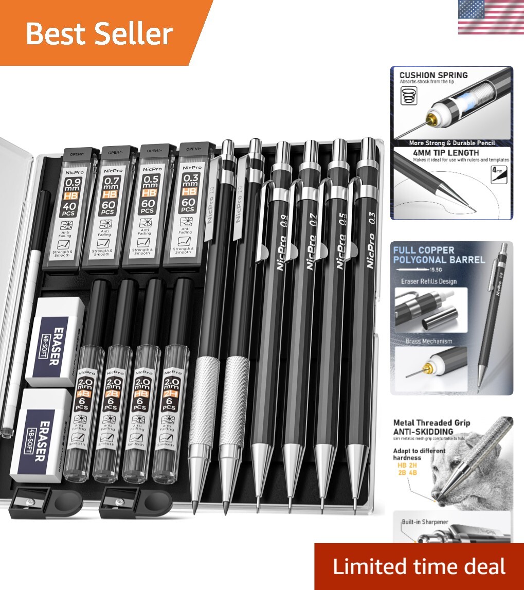 Premium Black Metal Mechanical Pencils Set – 5 Fine Tips for All Creative Needs