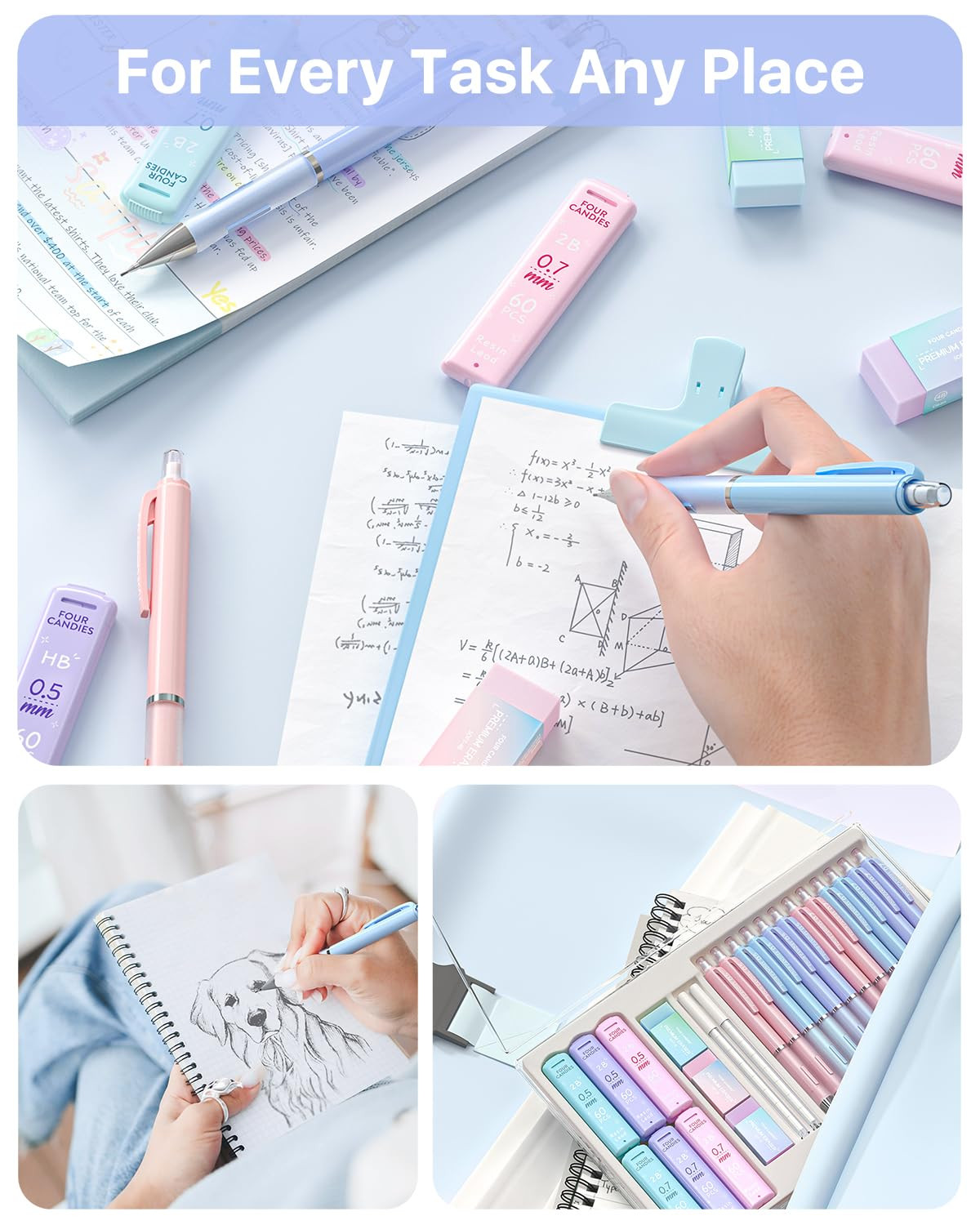 Pastel Mechanical Pencil Set, with 0.5 & 0.7mm Lead Refills (HB & 2B), Cute E…