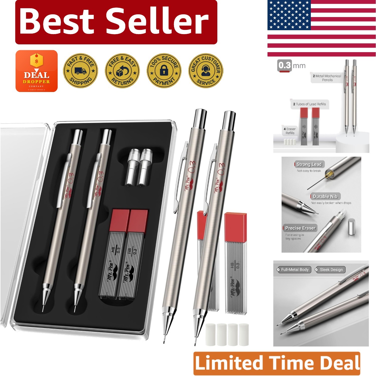 Elegant 0.3mm Metal Pencils with Refills: Perfect for Technical Drawing & Notes