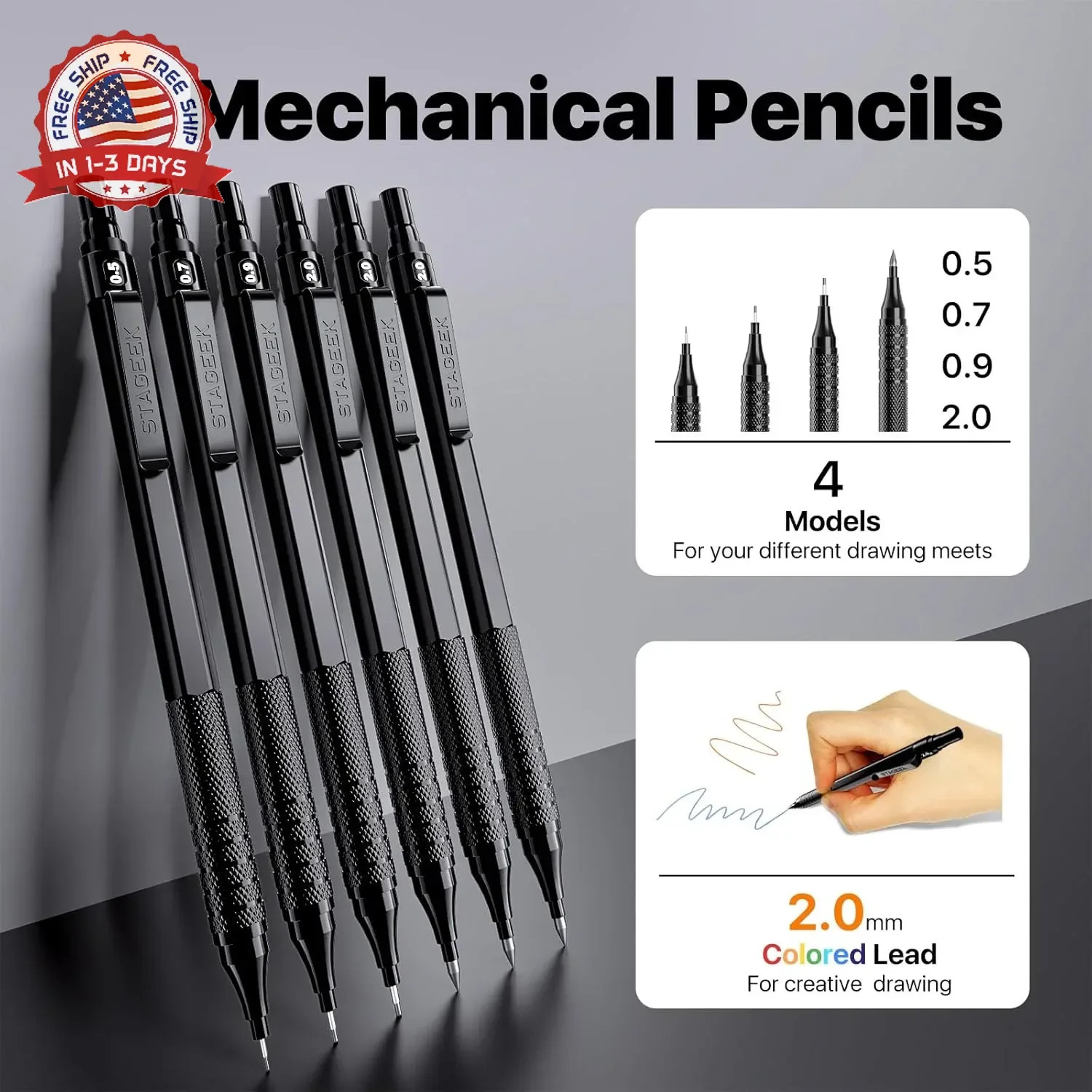 STAGEEK 35PCS Black Art Mechanical Pencil Set in Case，0.5 0.7 0.9 2.0 Graphite M