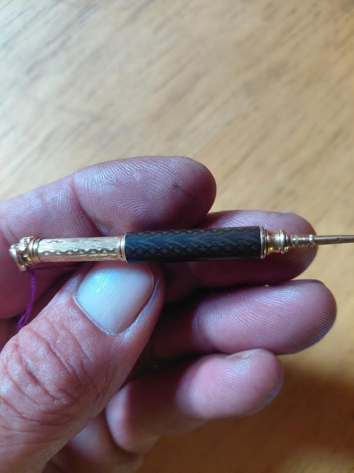 Small Victorian Black and Gold FIlled Mechanical Pencil Telescoping Ring Top