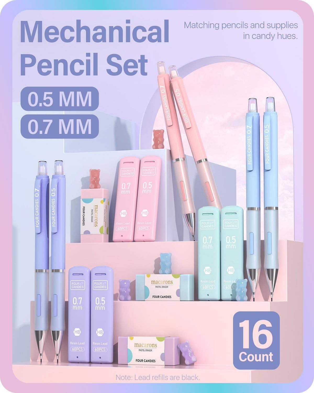 0.5/0.7Mm Cute Mechanical Pencil Set, 6 Pack | 360 Leads, 3 Erasers+9 Refills, S