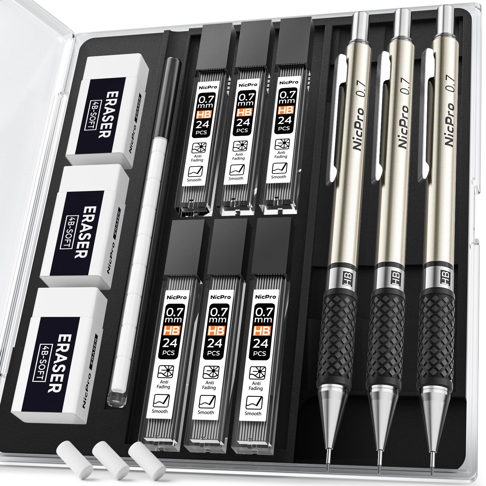 Nicpro 0.7 mm Art Mechanical Pencil Set in Storage Case, 3 PCS 0.7mm, Black