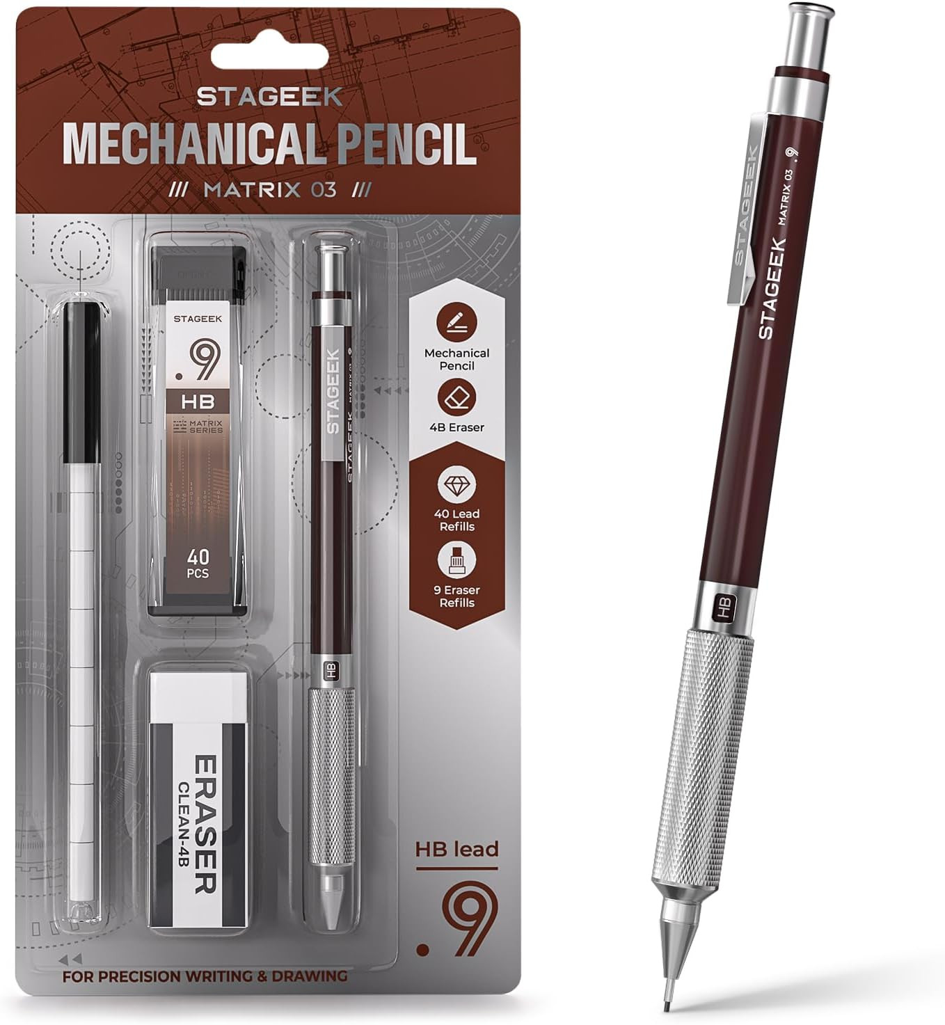 0.9Mm Mechanical Pencil, Metal Art & Drafting Pencil with Eraser and 40 HB Lead