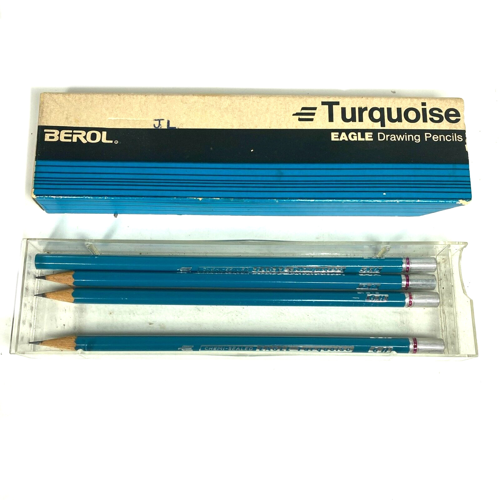 Vintage Berol Turquoise Eagle Drawing Pencil Lot of 4 w/ Slide Case 3H 4H 6H