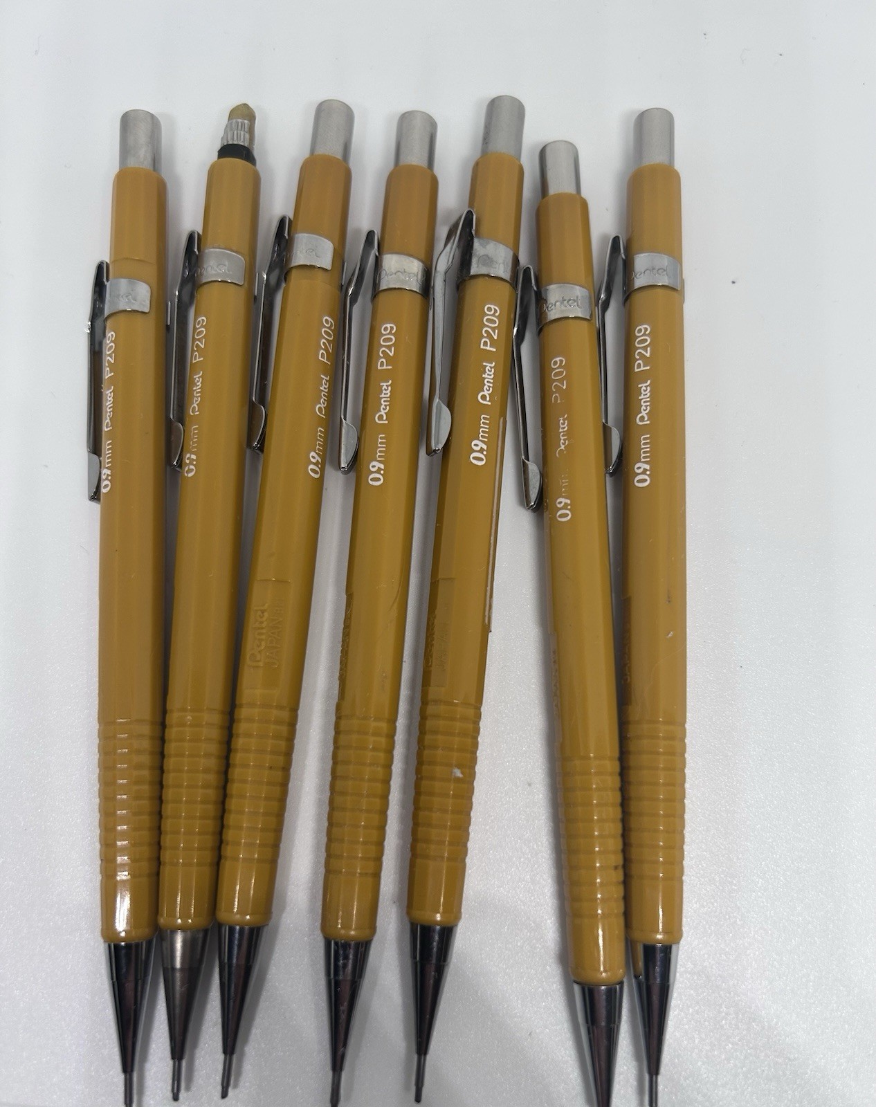Lot of 7 Vintage Pentel P209 Mechanical Pencils – 0.9mm Mustard Yellow – Japan