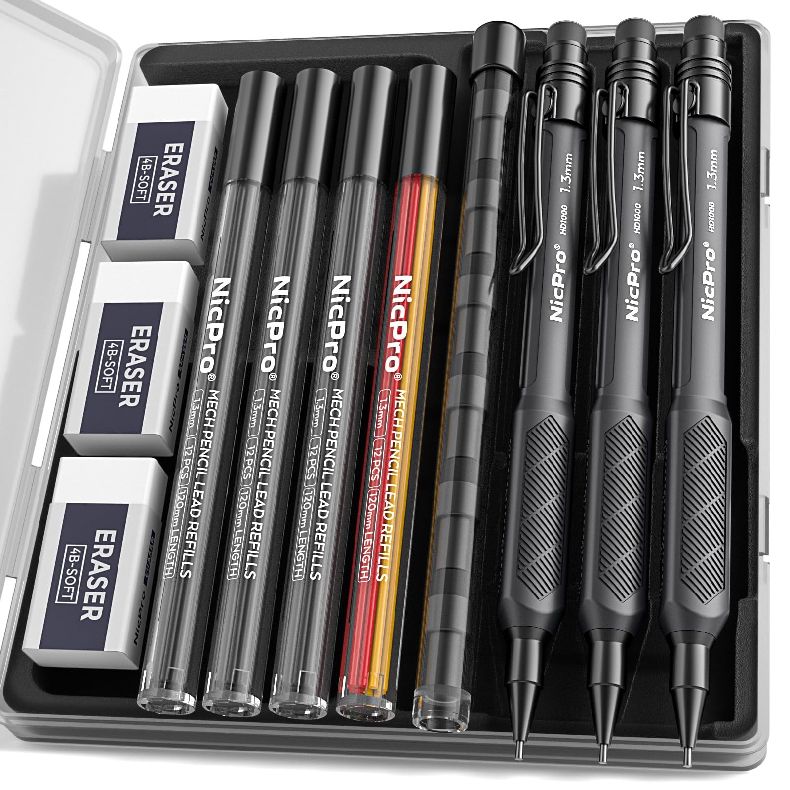 Nicpro 3 Pack Weatherproof Mechanical Pencil Set, 1.3mm 3 Pack, Black