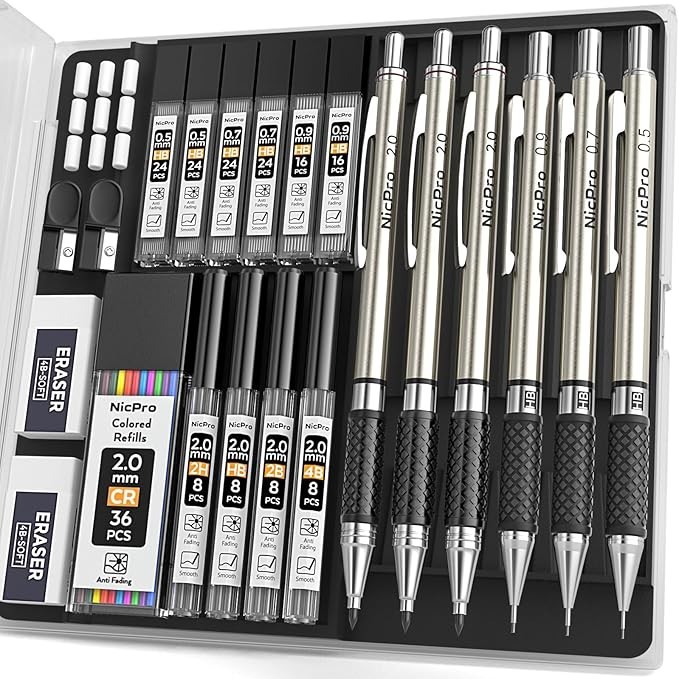 Art Mechanical Pencil Set 0.5 0.7 0.9 2mm Metal Drafting Sketching Drawing with