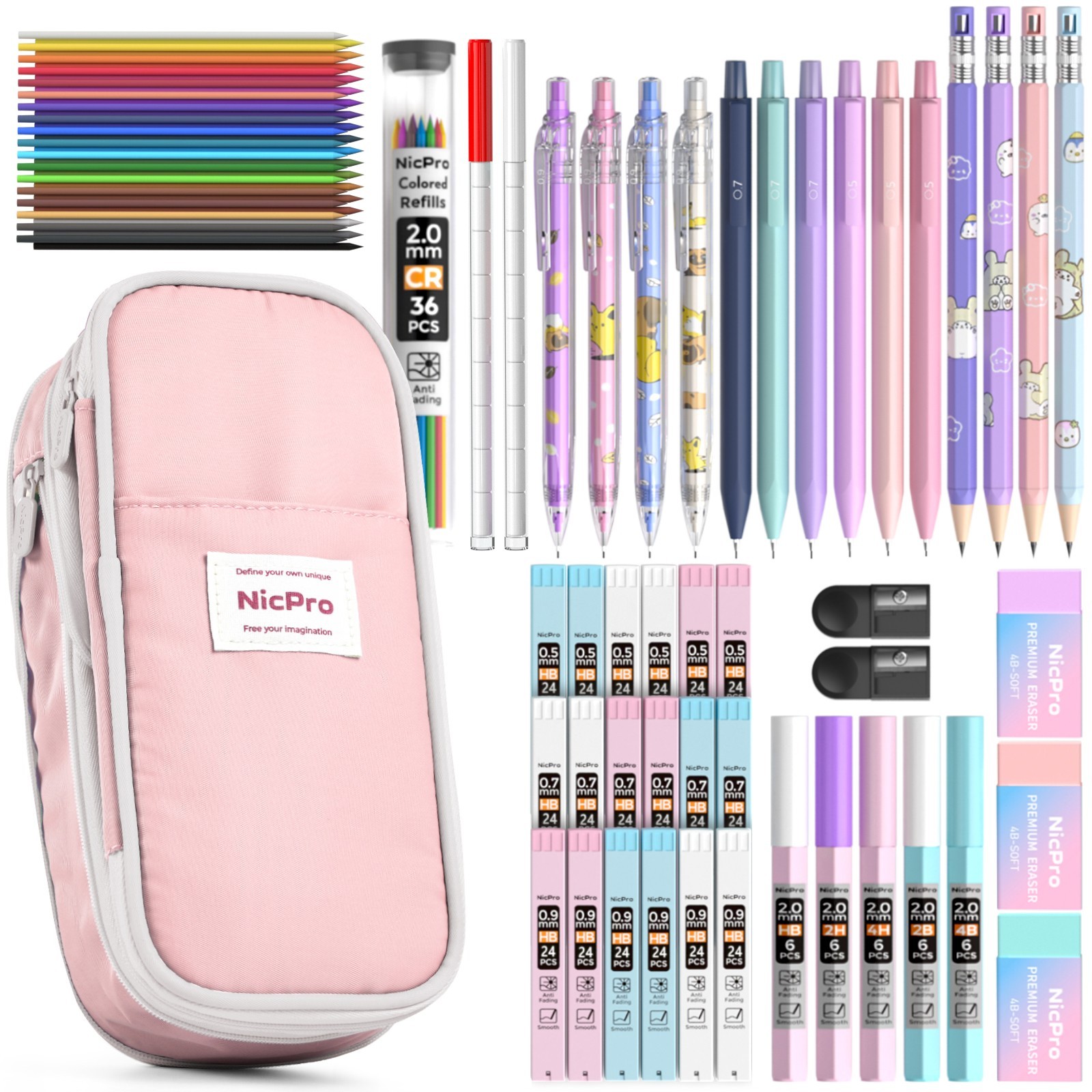 Nicpro 45PCS Aesthetic School Supplies, Pink Case, Pastel Pencils 0.5-2mm