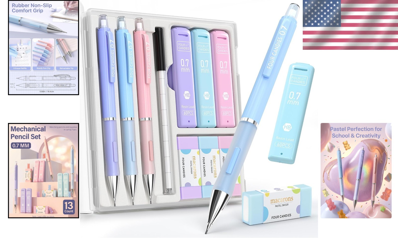 Pastel Mechanical Pencil Set: 3-Pack with Erasers & 9 Refills for Easy Writing