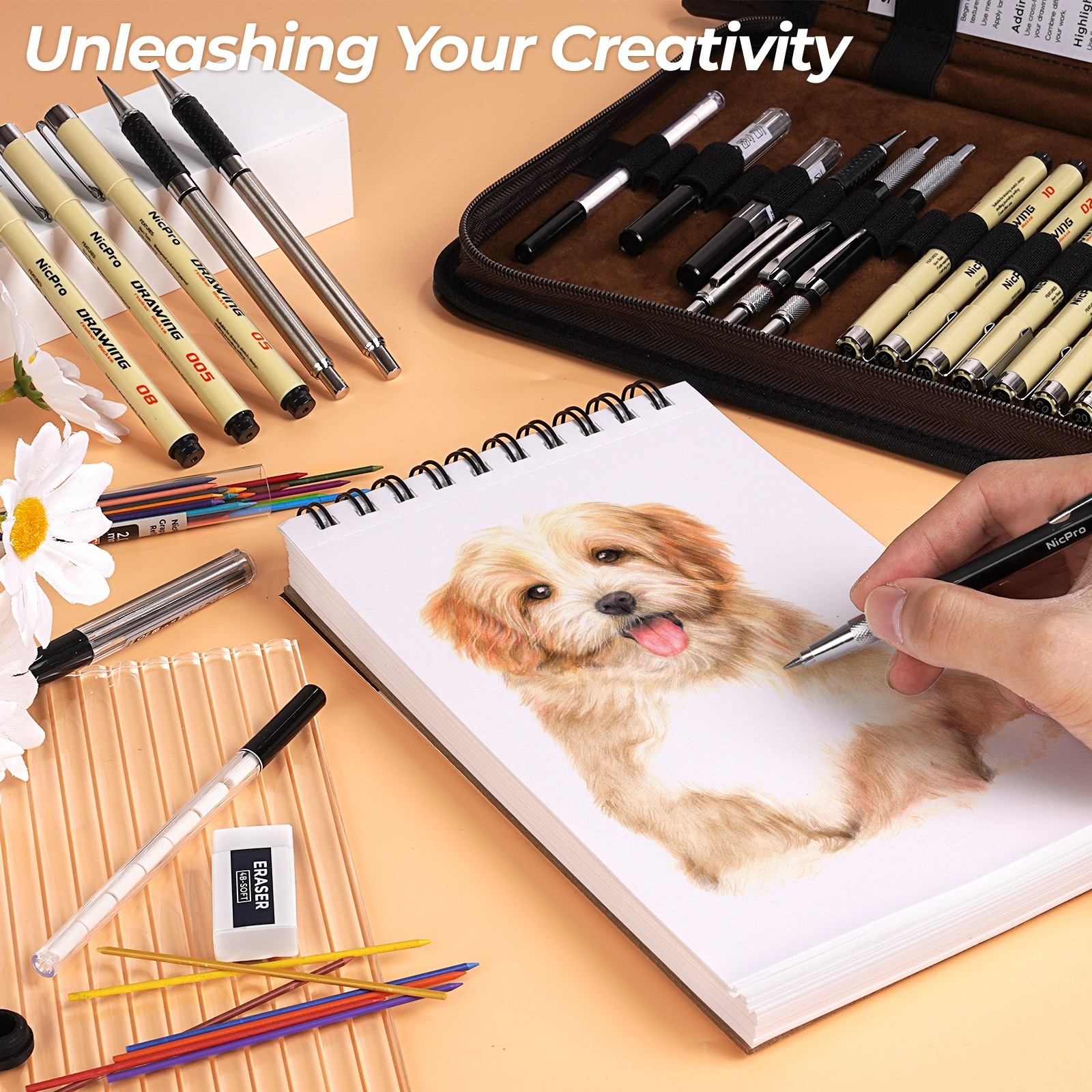 Nicpro 58PCS Metal Pencil Set in Leather Case: 0.5-2mm + 12 Pens + Sketch Book +