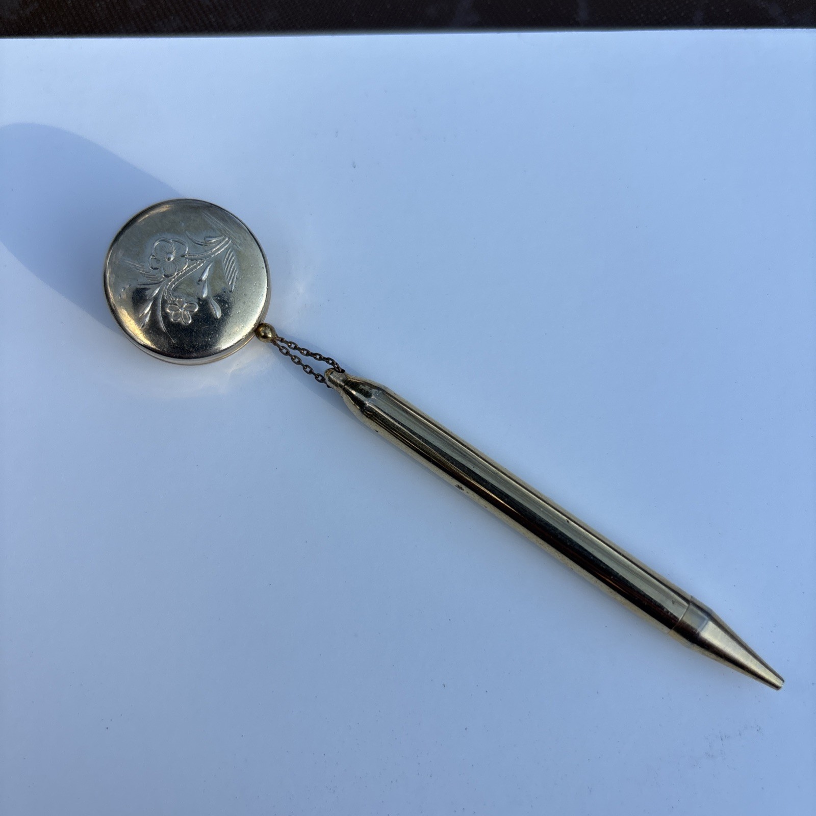 Antique Victorian Floral Etched Lapel Pin Mechanical Pencil Gold Tone