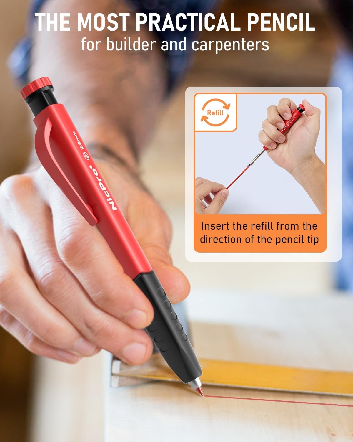 2 Pack Carpenter Pencil Set with Sharpener & Finger Grip, Mechanical Woodworking