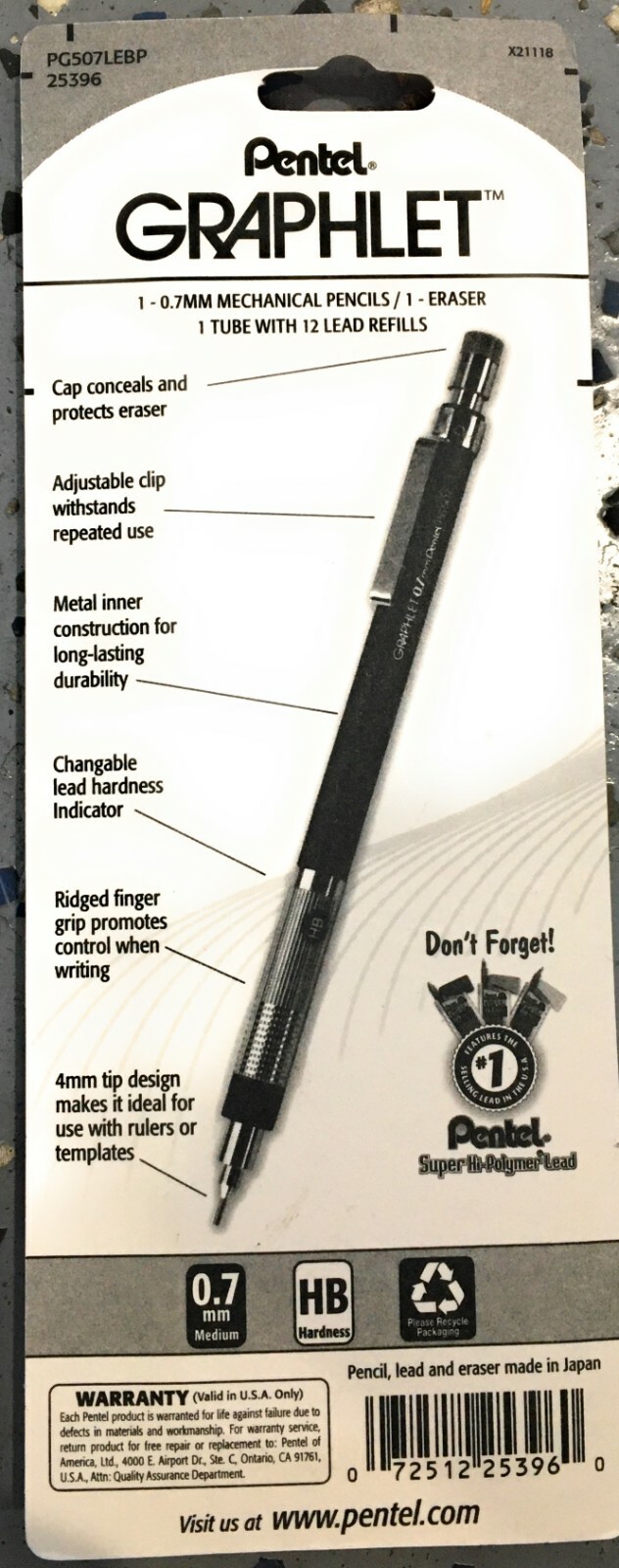 Pentel Graphlet Mechanical Pencil 0.7MM w/ 12 HB Lead Refills & Eraser Vtg New