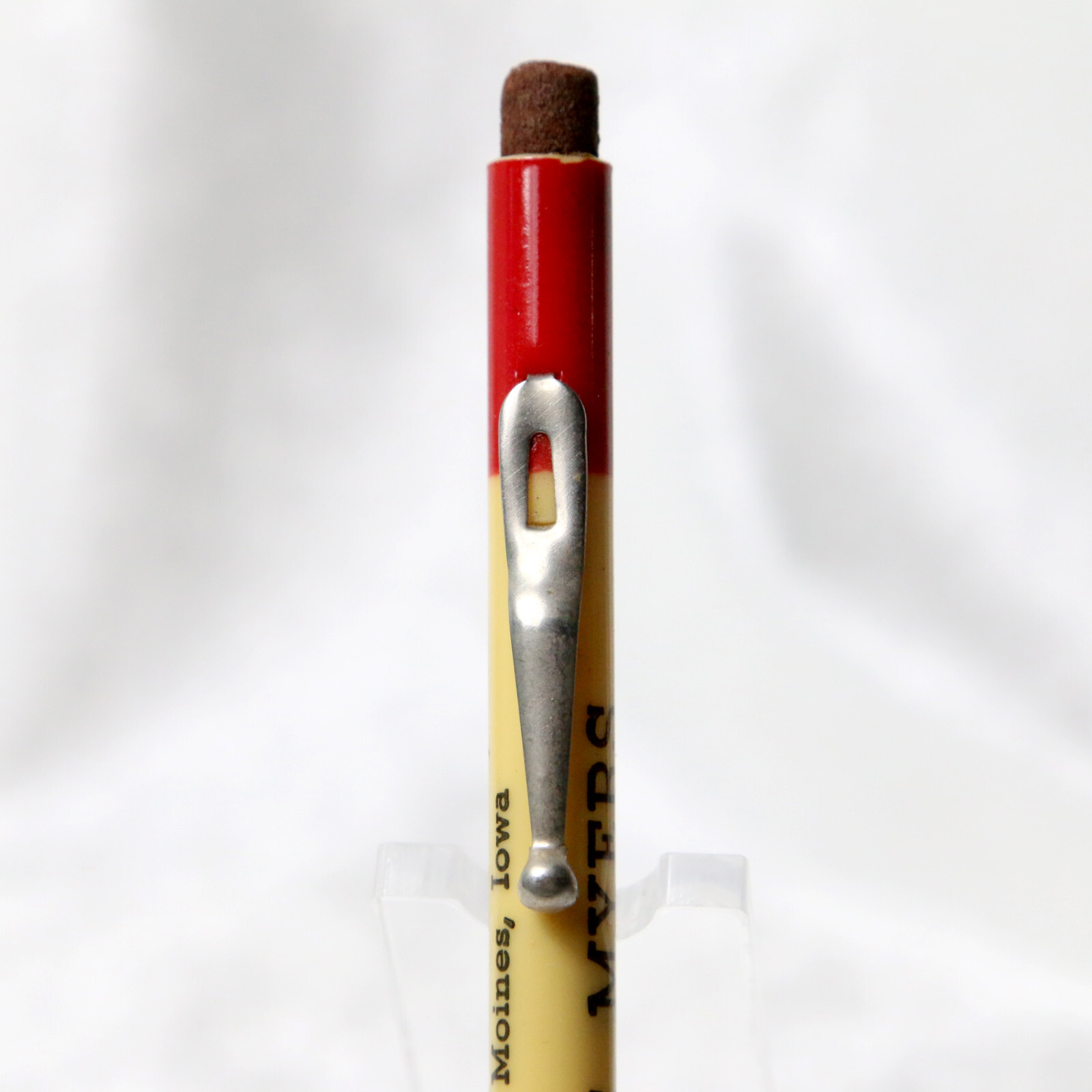 VTG 1930’s White & Red Celluloid Des Moines Iowa Advertising Mechanical Pencil