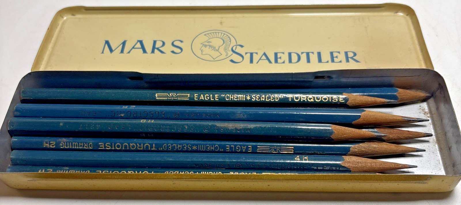 9 Vintage Eagle Sealed Turquoise Drawing Leads + Mars Pencil Tin