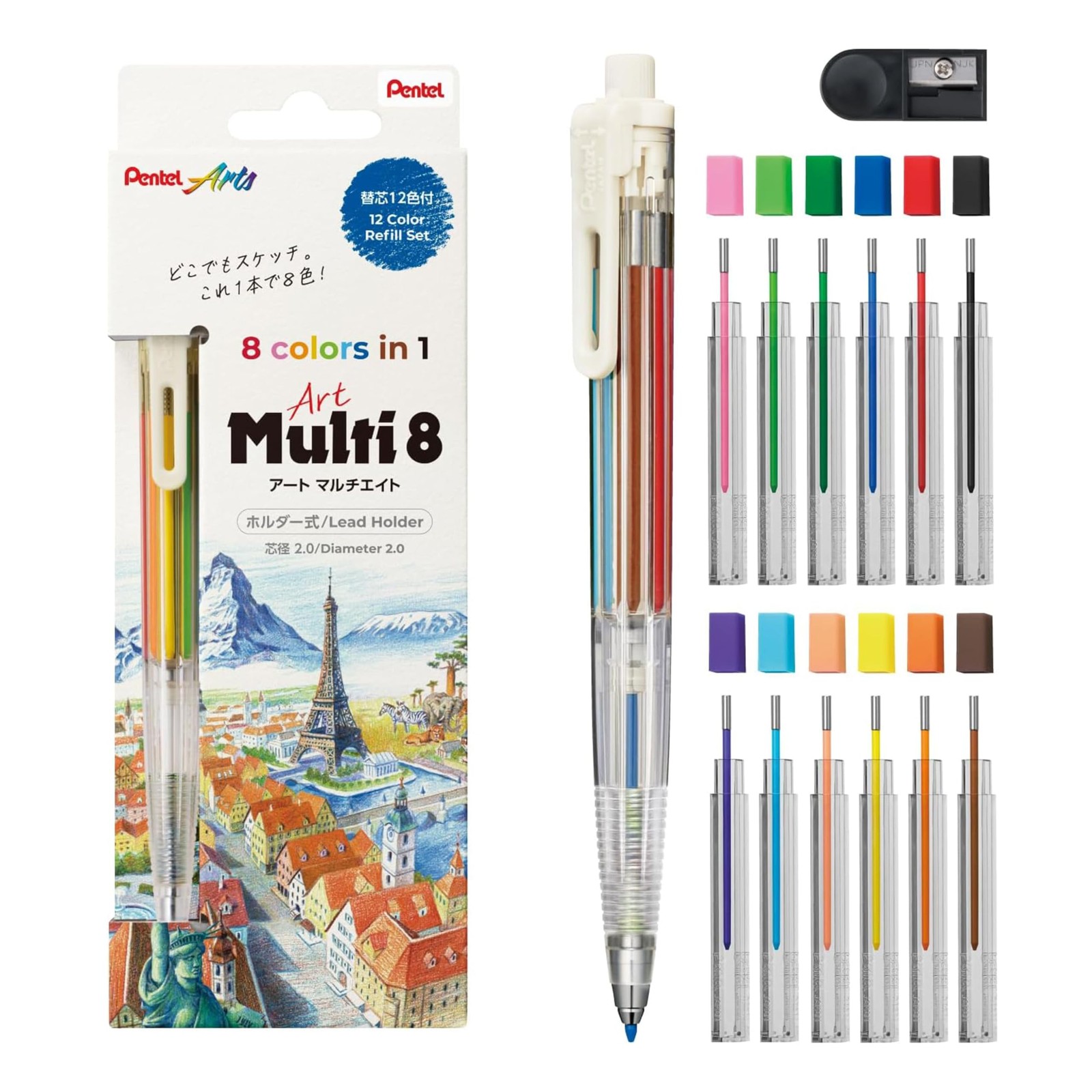 Pentel Art Multi 8 XPH804ST Mechanical Pencil 2mm 8 Color Set Genuine