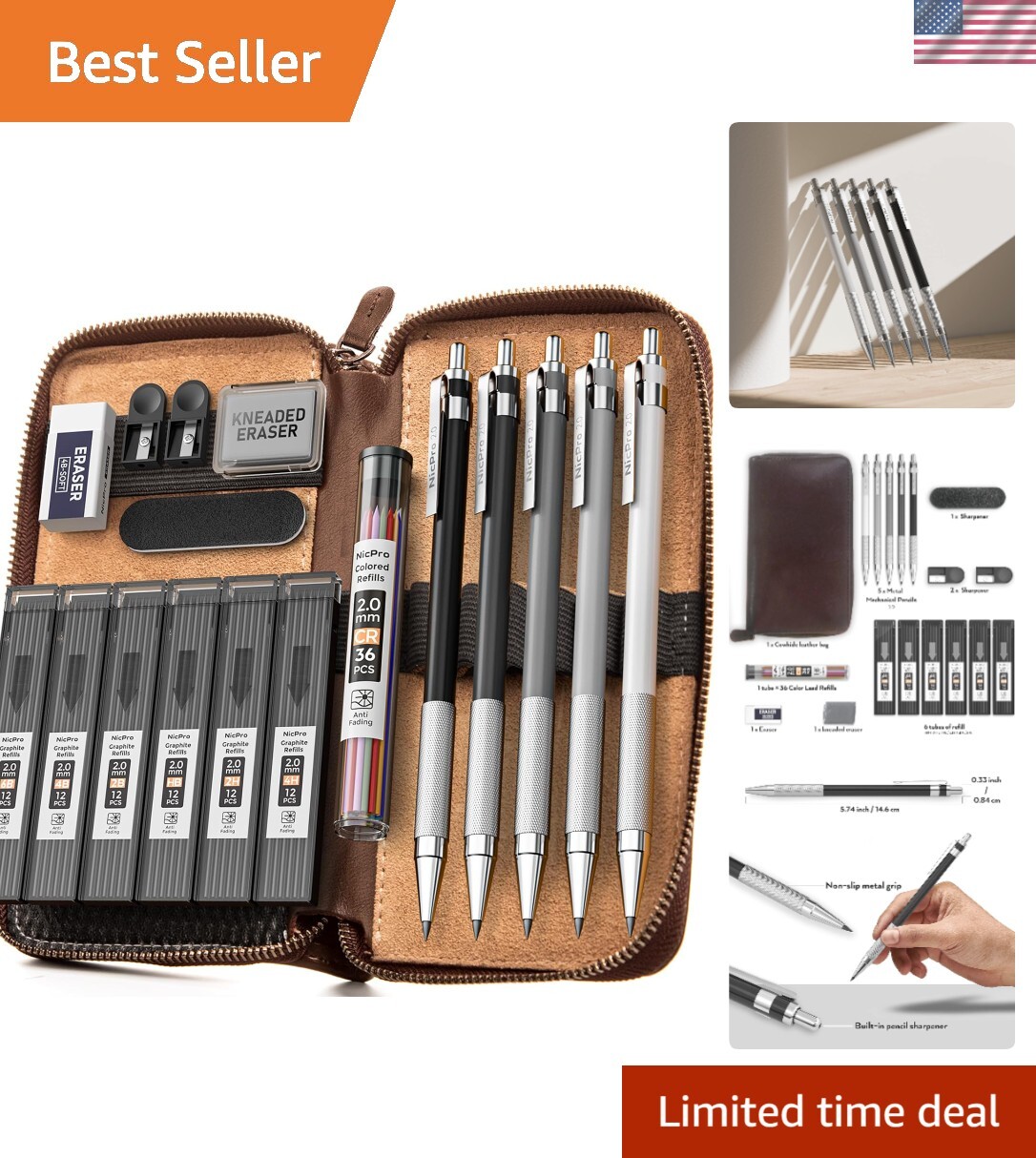 17PCS Metal Mechanical Pencil Set with Leather Case for Artists & Students