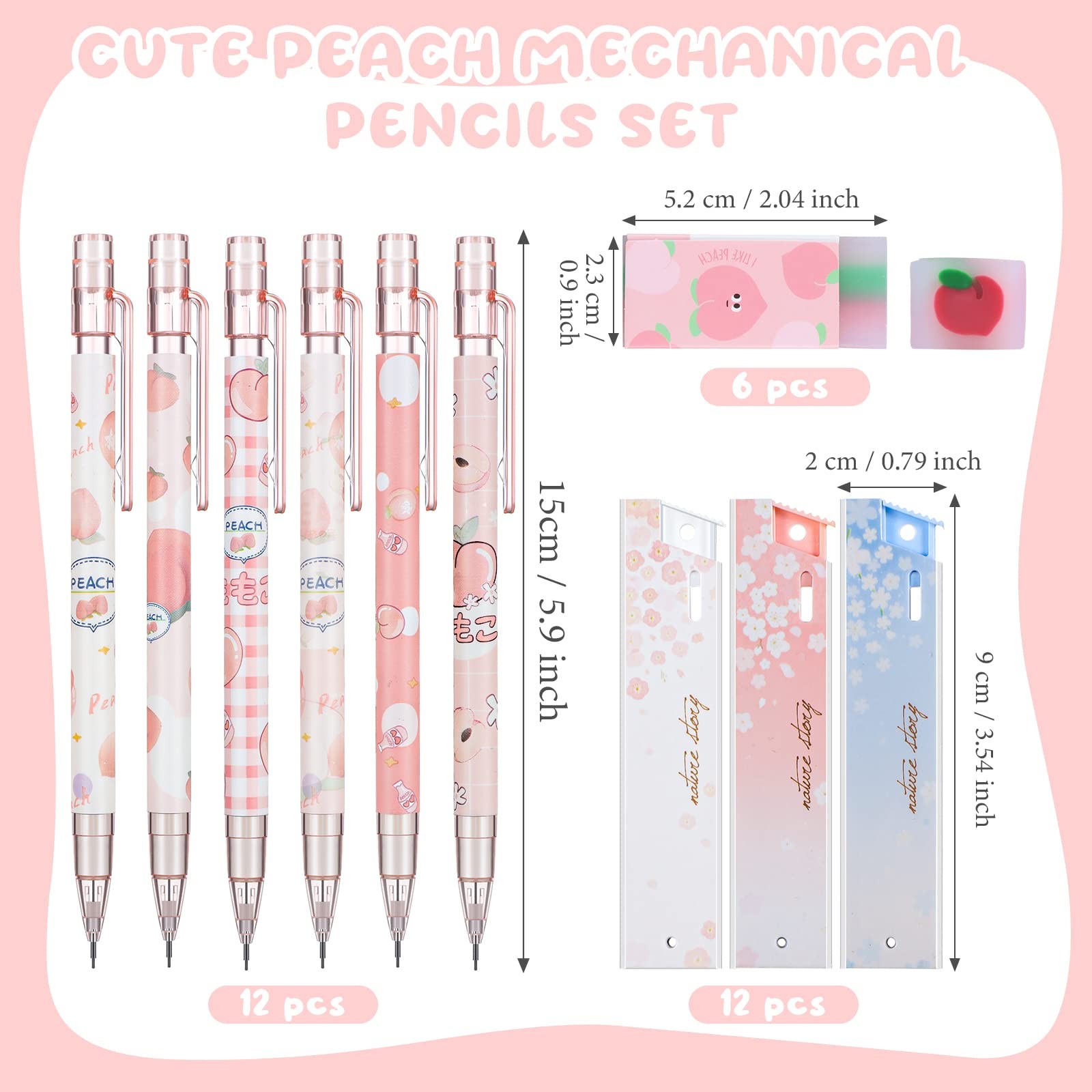 30 Pcs Kawaii Peach Mechanical Pencil Gift Set 12 Mechanical Japanese Pencils…