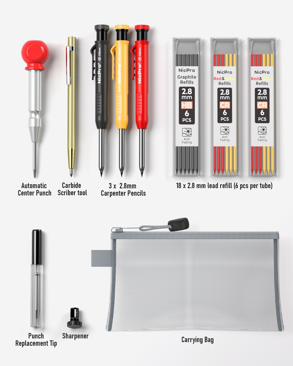 Nicpro 10PCS Carpenter Mechanical Pencils, 21 Refills, Center Punch & Scribe