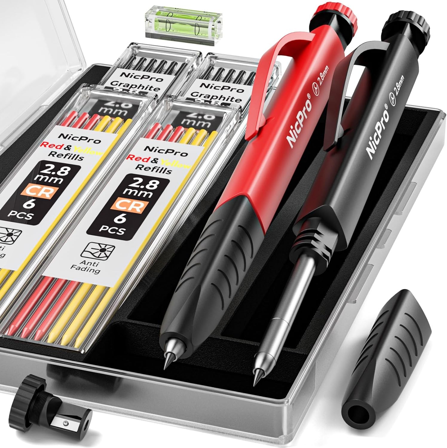 2 Pack Carpenter Pencil Set with Sharpener & Finger Grip, Mechanical Woodworking