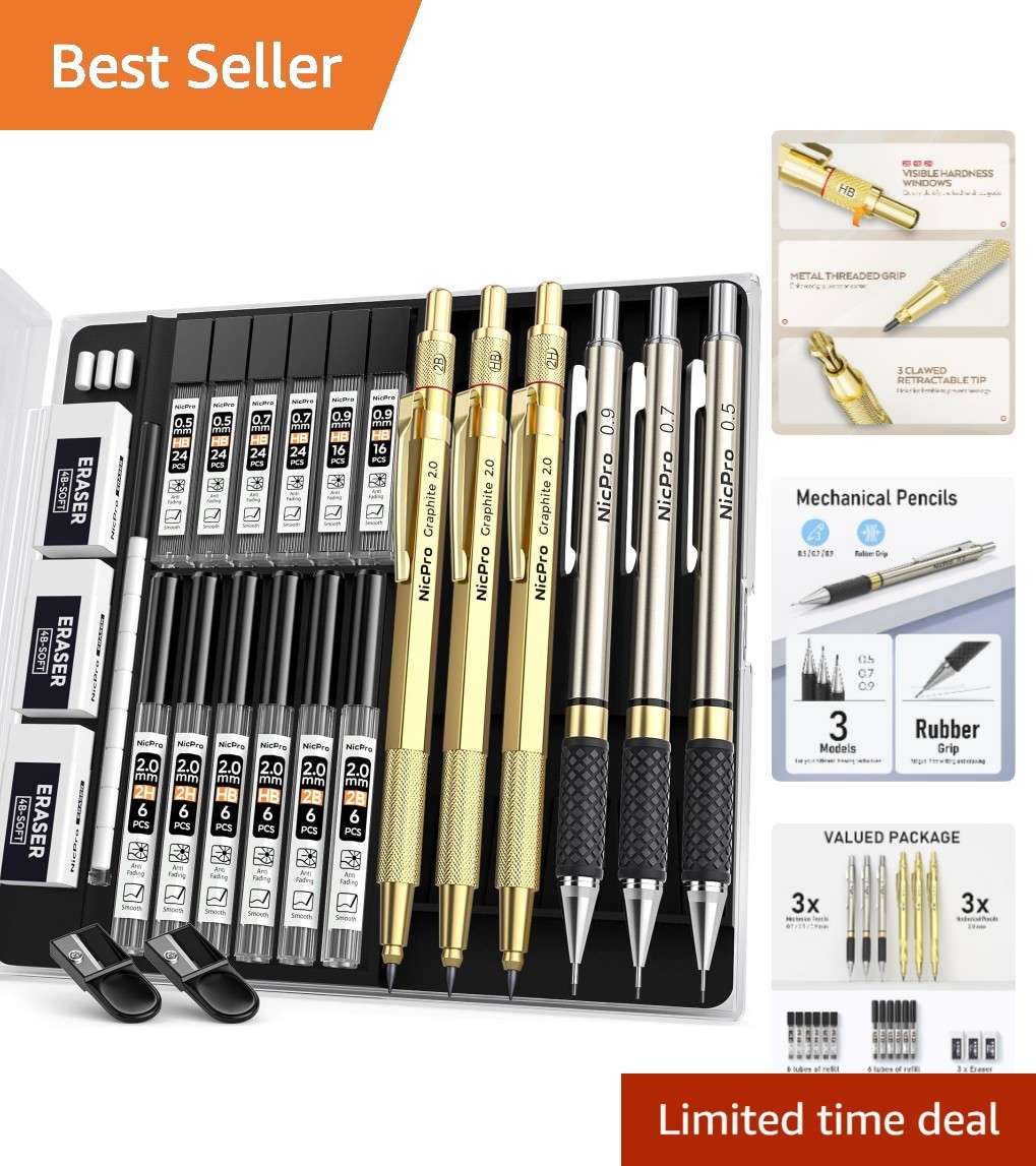 Stylish Gold Art Mechanical Pencil Set, 6 Sizes & Lead Refills for All Occasions