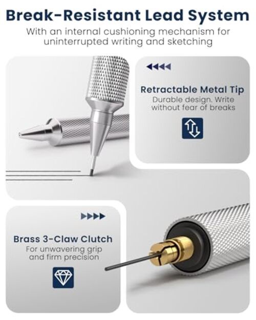 0.7 mm Mechanical Pencil, Metal Art & Drafting Pencil with Eraser and 60 Blue