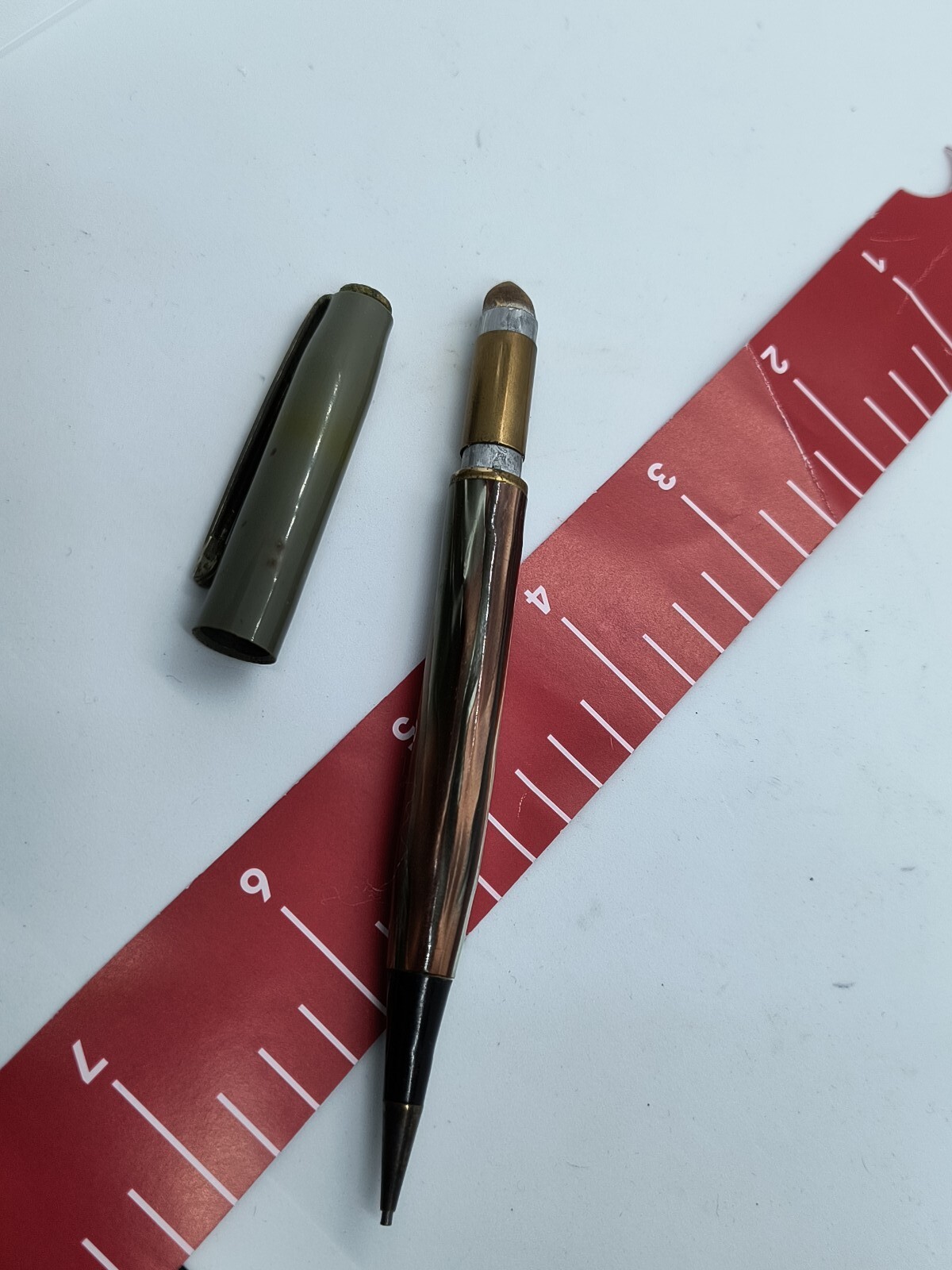 KEMPOINT 1950s Vtg Mechanical Pencil, Olive Green Cap & multi colored Bottom.
