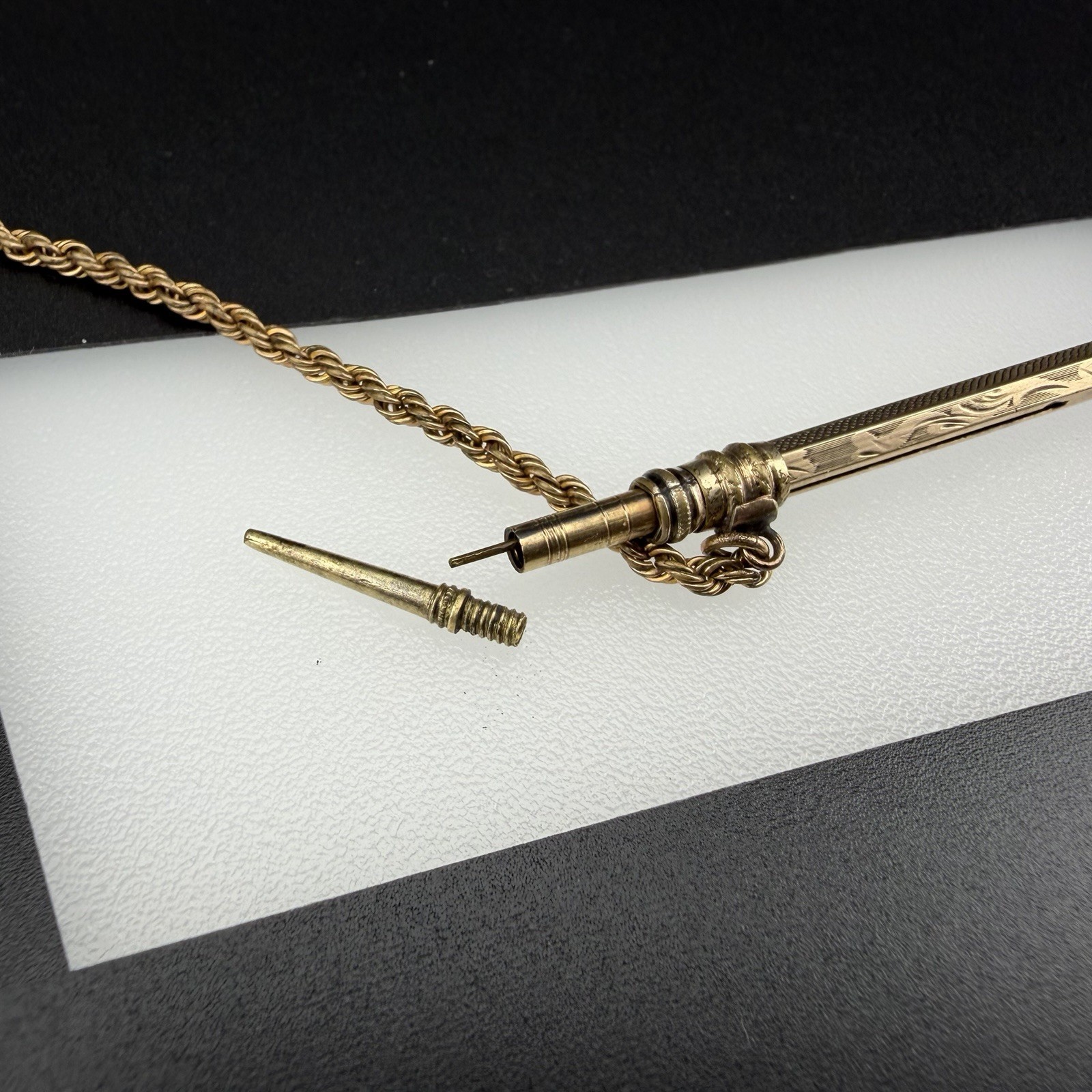 Victorian Gold Filled 3 7/8″ Telescoping Pencil Watch Fob w/ Chain & White Stone