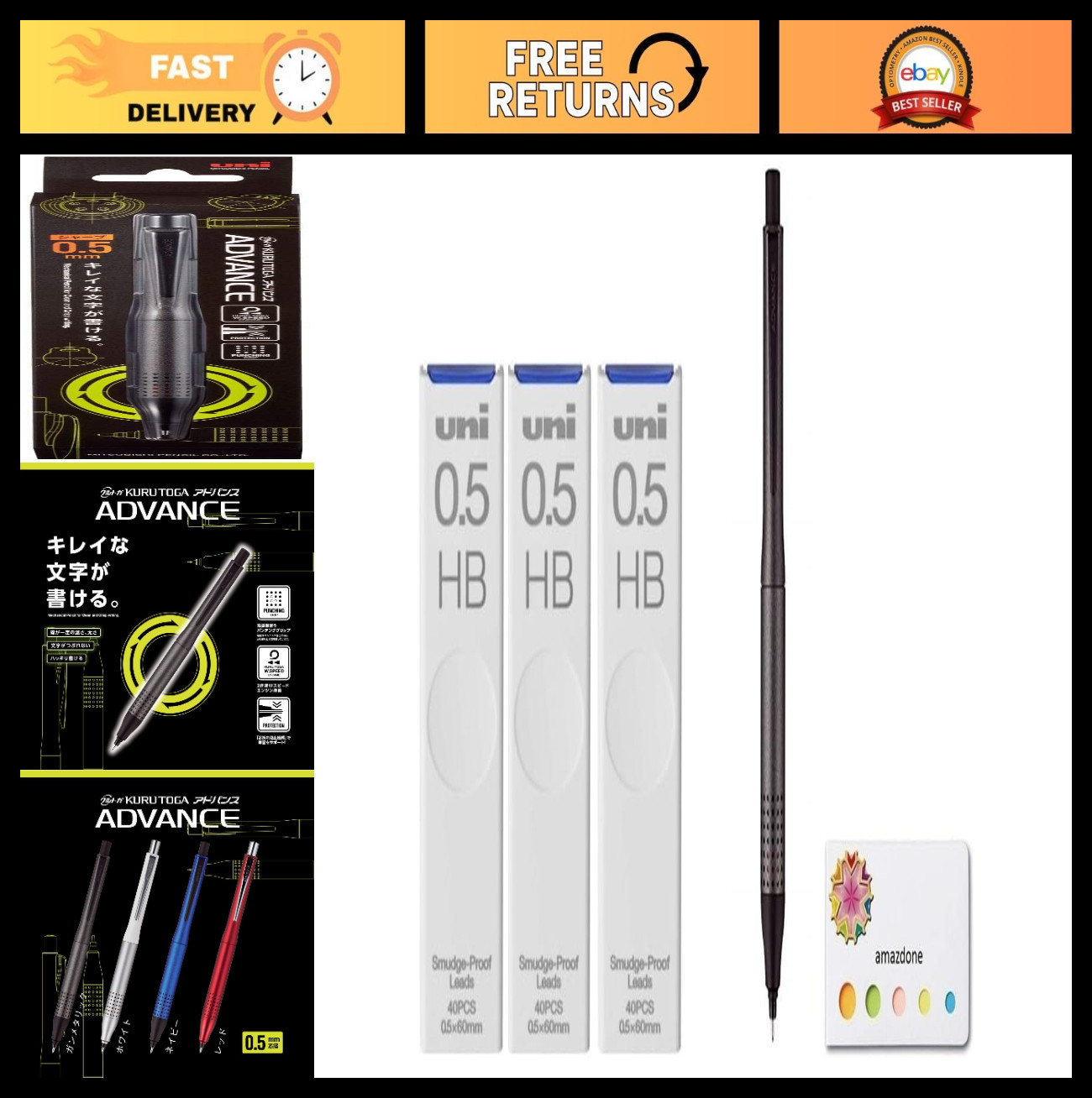 0.5mm Mechanical Pencil, Gun Metallic, Smudge-Proof Leads, Sticky Notes, 3 Set