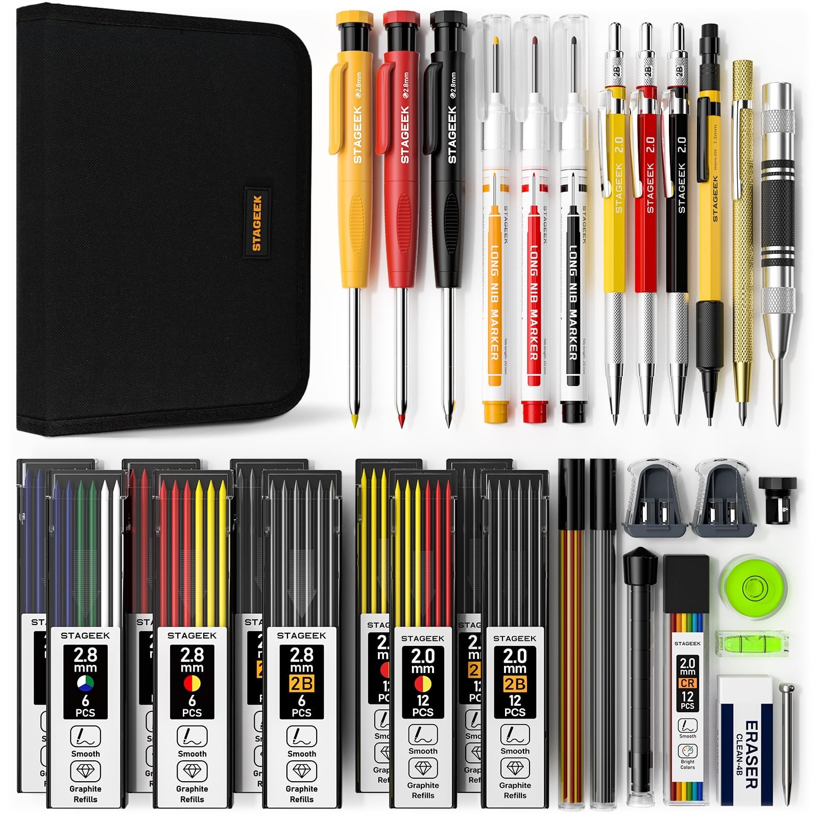 34 Pack Carpenter Pencil Set with Sharpener, Mechanical Carpenter Pencils