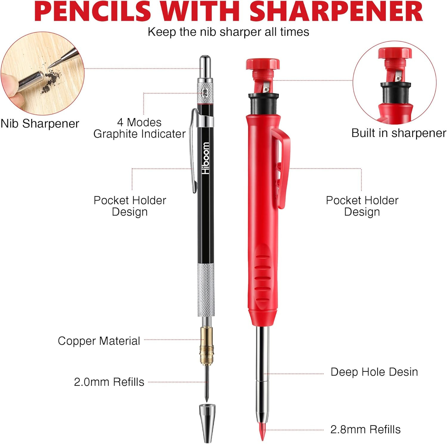 Hiboom 10 Pack Mechanical Carpenter Pencils Set with Sharpener & 36Pcs 2.8Mm Ref