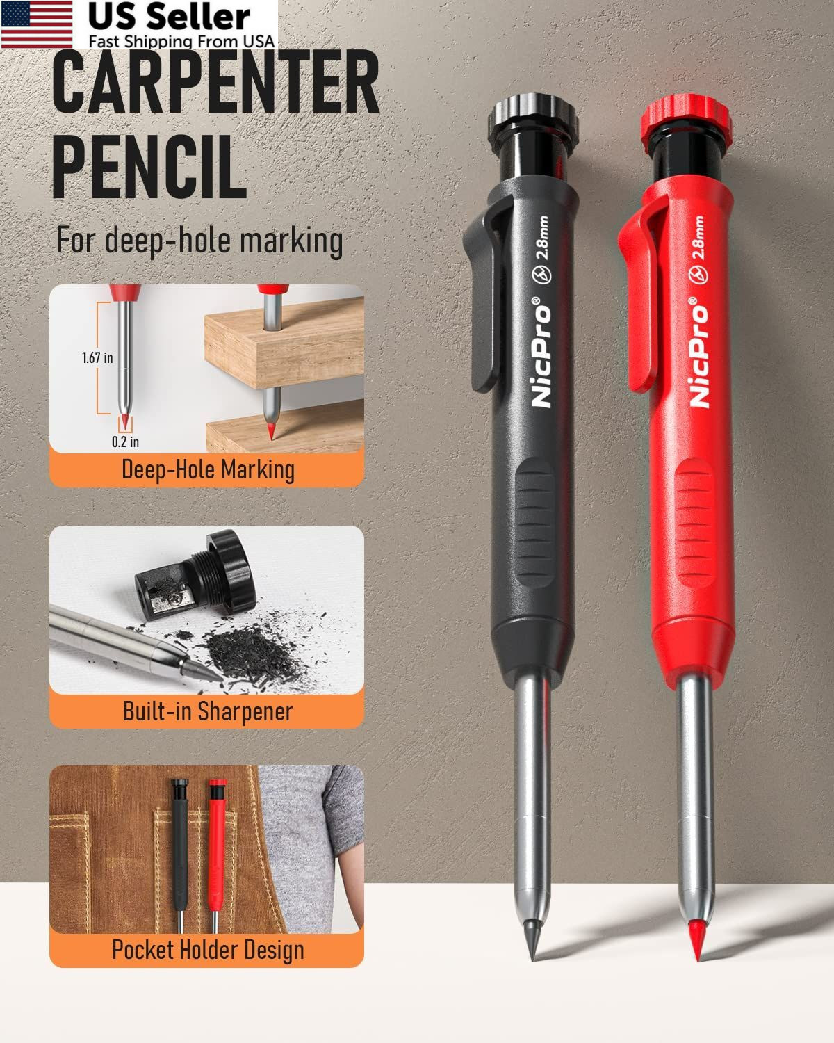 Nicpro Carpenter Pencil with Sharpener, Mechanical Pencils 2 Pack, Black,Red