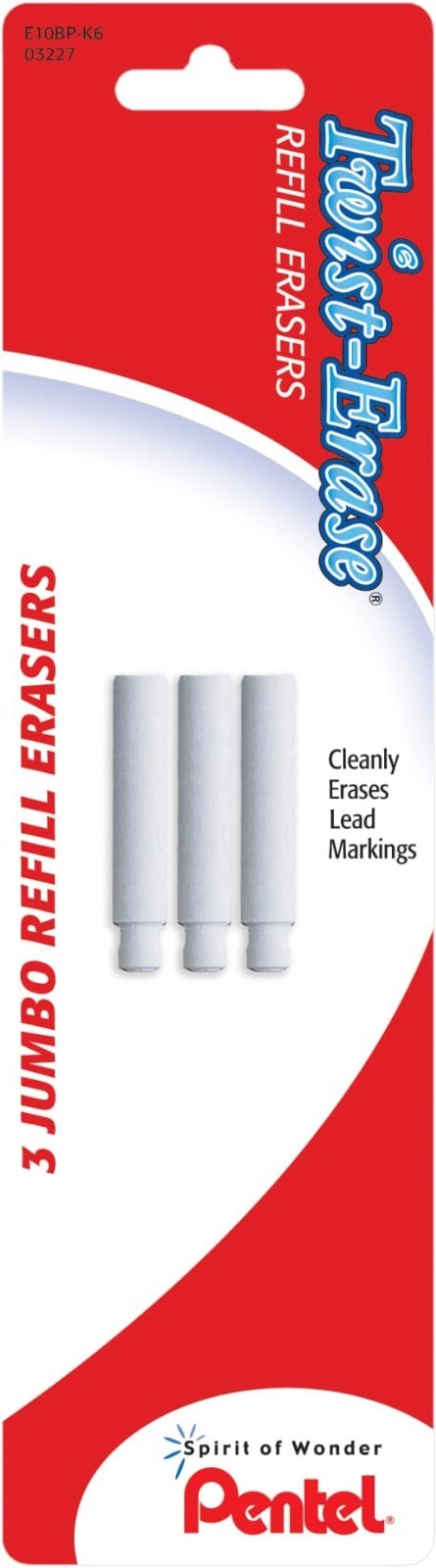 Mechanical Pencil Eraser Refills Jumbo 3 Pack Non-Abrasive L-Shape White For