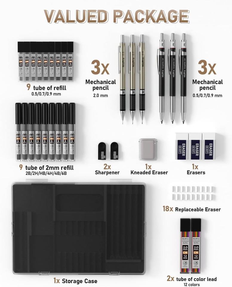 35PCS Art Mechanical Pencils Set, 3 PCS Metal Drafting Pencil 0.5 mm & 0.7 mm &