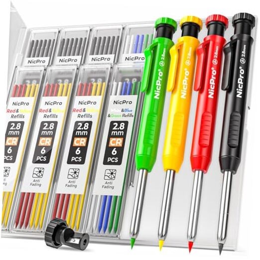 Carpenter Pencil with Sharpener, Mechanical 4 Pack Black,Red,Yellow,Green