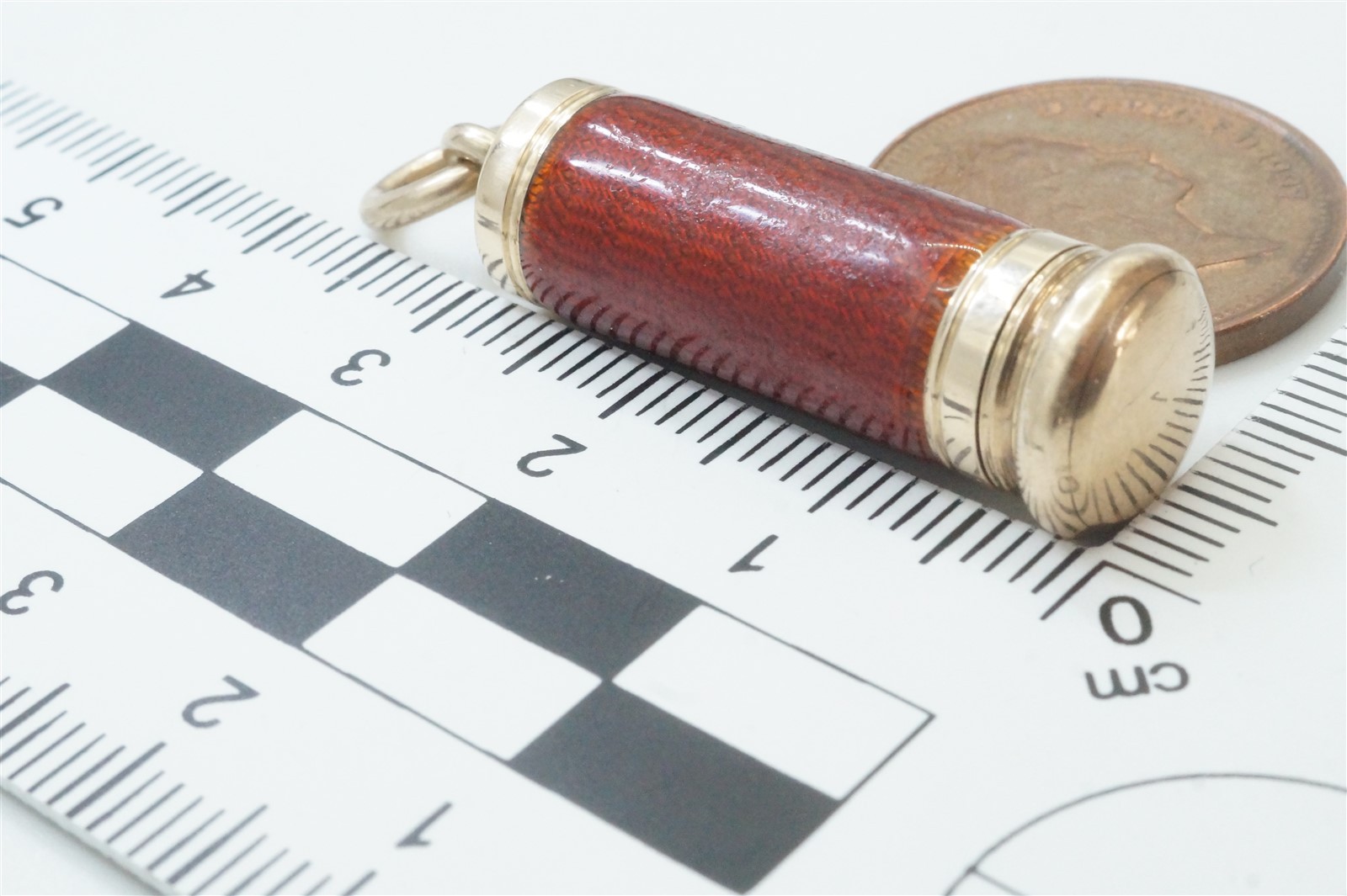 ANTIQUE ENGLISH 9k GOLD ENAMEL ‘MAGIC’ BULLET PENCIL FOB CHARM c1900