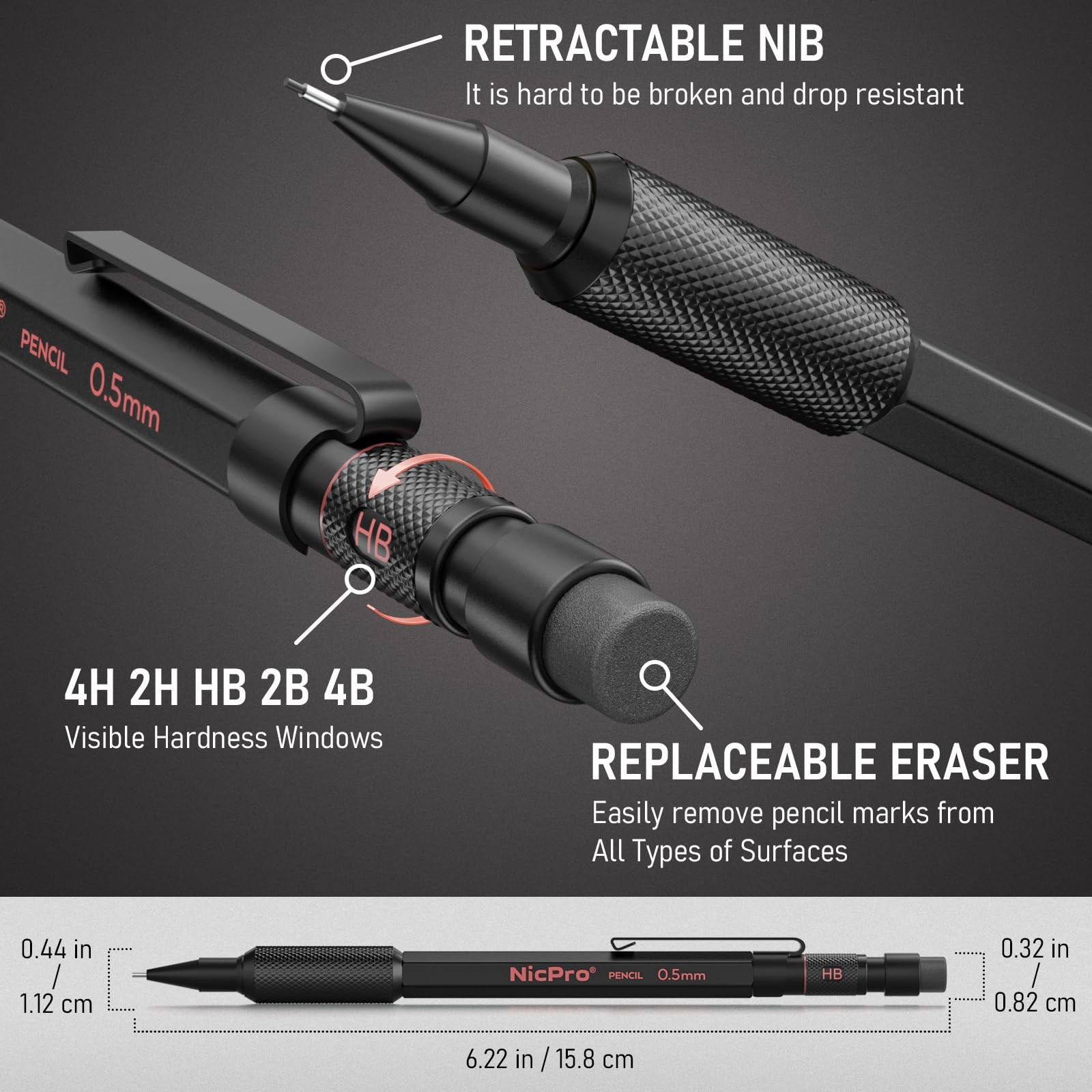 Nicpro Metal Mechanical Pencil Set, 3PCS Art Drafting 6 Pack, Black