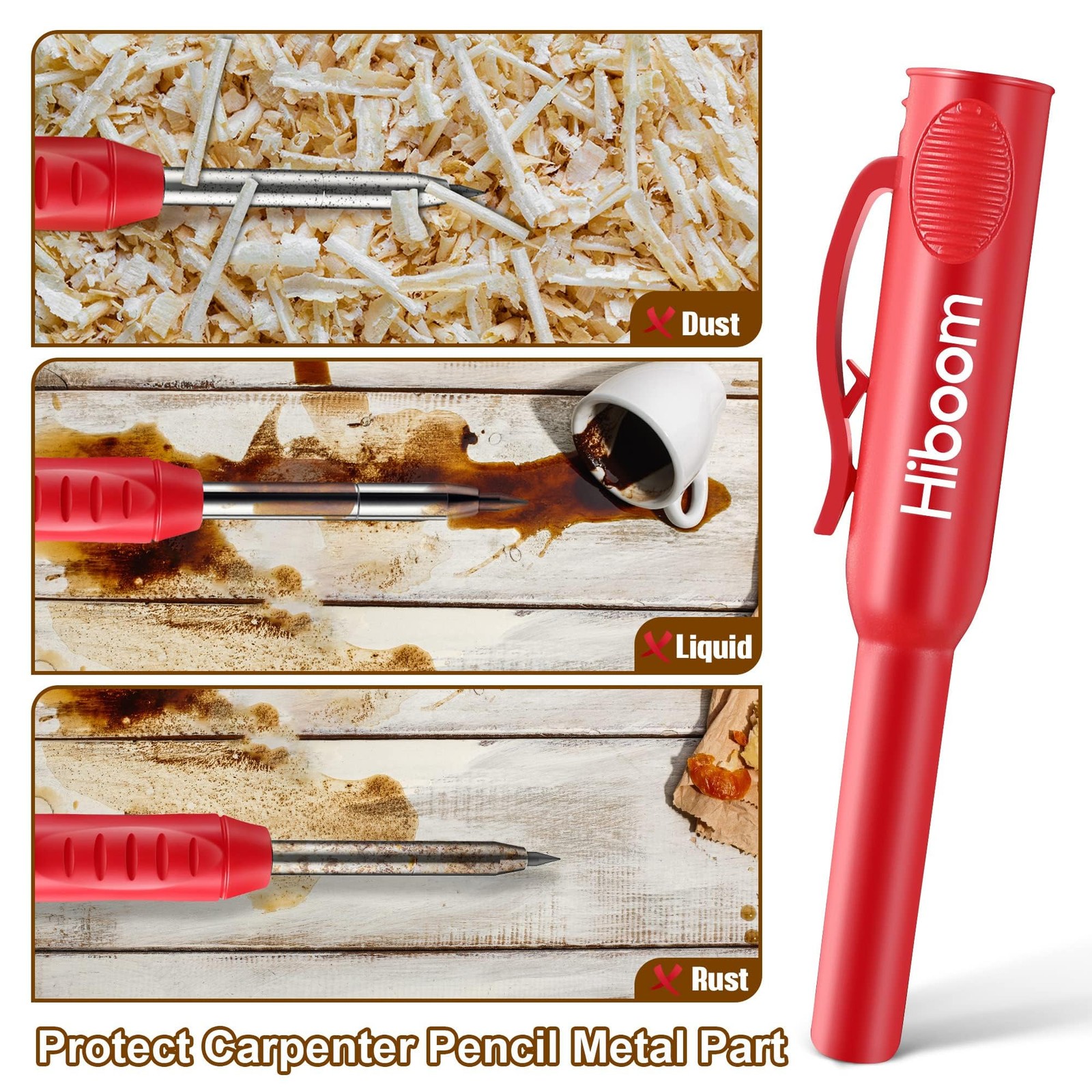 Hiboom 2 Pack Solid Carpenter Pencils with Pencil Cap and 22 Piece Set, Red