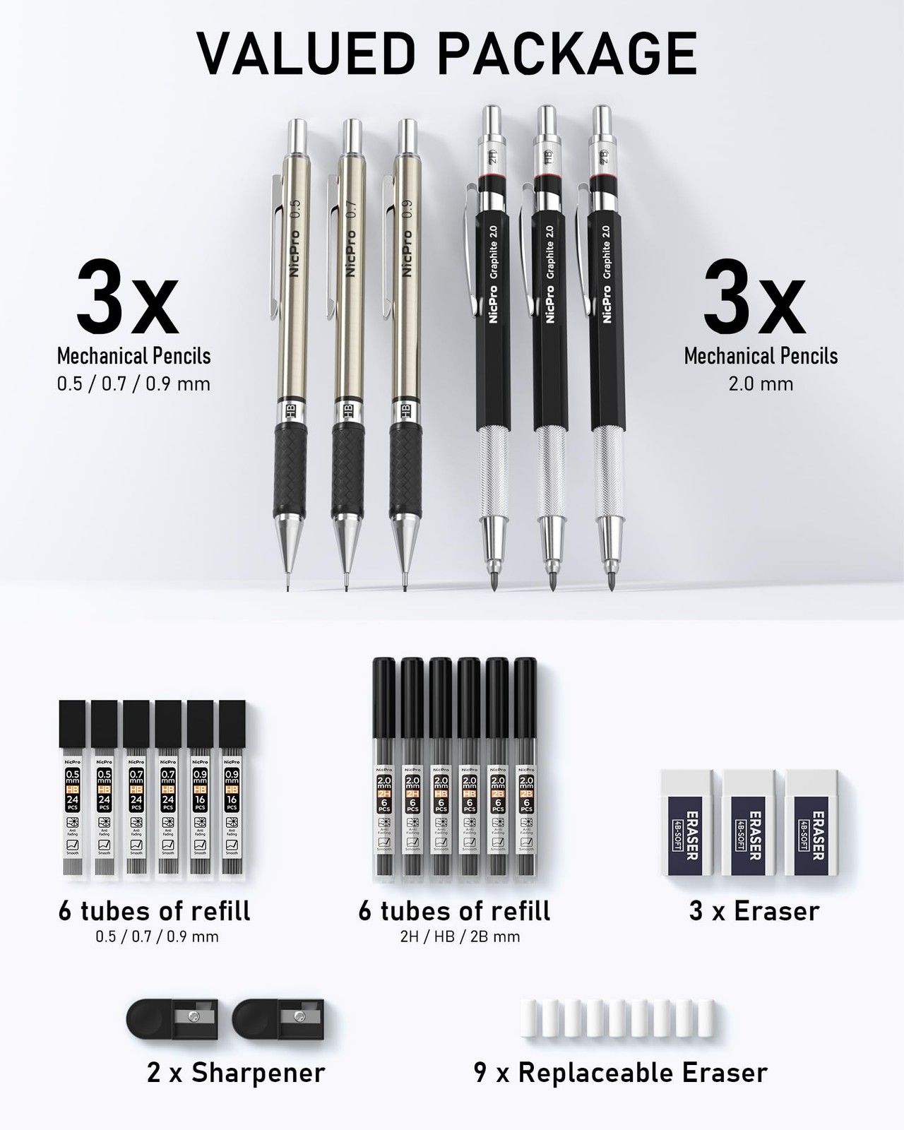 Nicpro 6PCS Art Mechanical Pencil Set, 3PCS Metal 1 count (Pack of 1), Silver