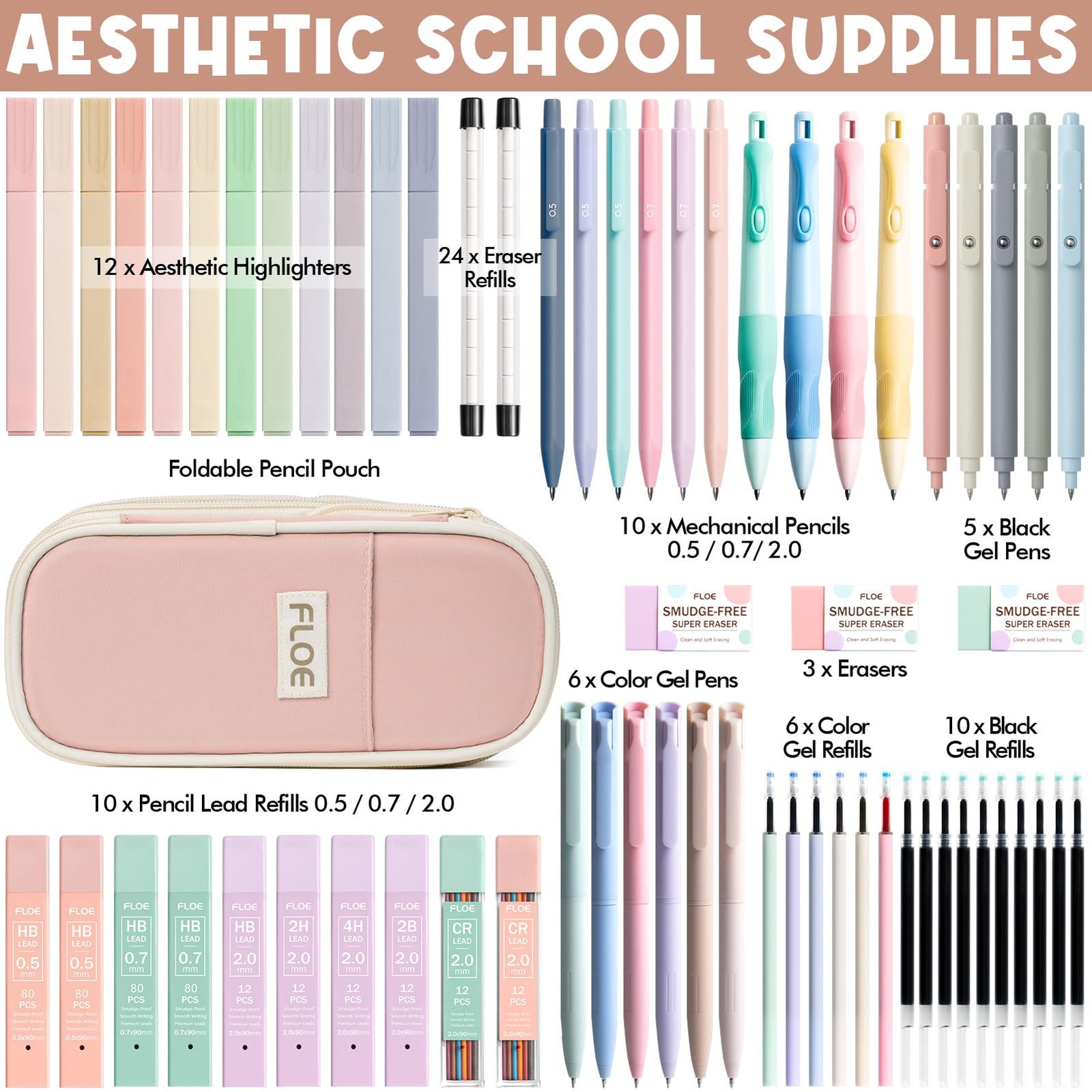 65PCS Aesthetic School Supplies with Cute Pencil 1 Count (Pack of 65), Pink