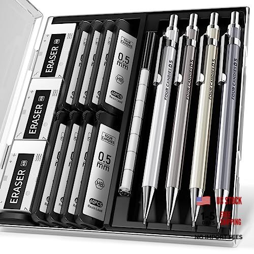 0.5mm Mechanical Pencil Set with Case – 4PCS Metal Mechanical Pencils, 8 0.5MM