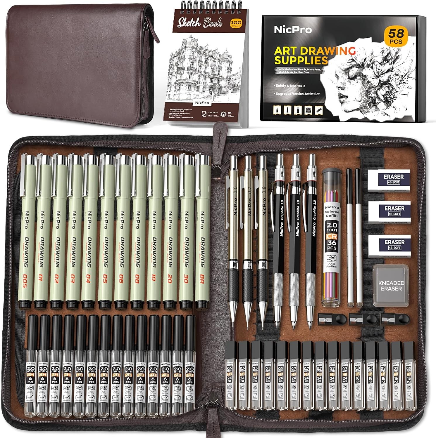 Art Drawing Supplies Kit 58 Pcs Nicpro Leather Case