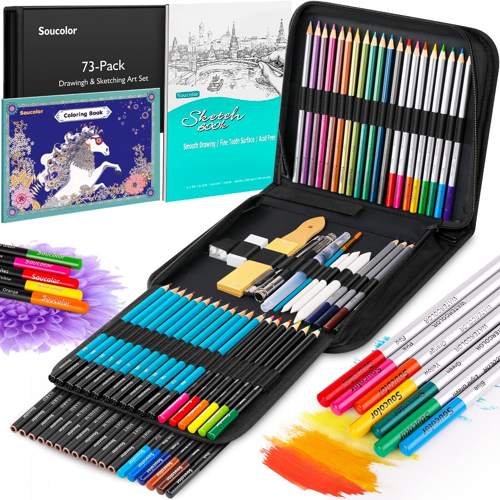 Soucolor 73 Pack Art Supplies Sketching Kit 1 Count (Pack of 73), Multicolor
